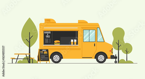 Yellow Food Truck Serving Burgers in a Park Illustration