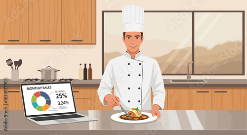 Chef Analyzing Sales Data While Preparing Gourmet Food In Kitchen