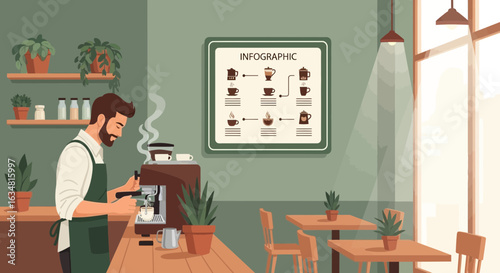 Barista Preparing Coffee In Cafe With Infographic On The Wall