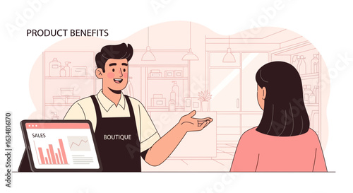 Friendly Shop Assistant Explaining Product Benefits To Female Customer