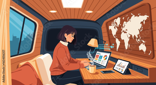 Female Professional Working Remotely From a Converted Van Interior