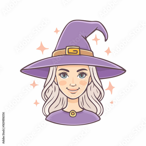 drawn halloween witch at witch hat icon in doodle style. Mark point icon design collection for halloween design element