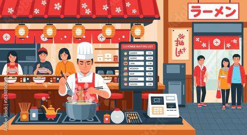 Ramen Restaurant Scene With Waiting Customers And Chef Preparing Noodles