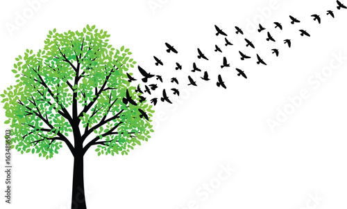 Whimsical Tree with Birds Taking Flight A Symbol of Freedom and Nature's Beauty in a Minimalist Design