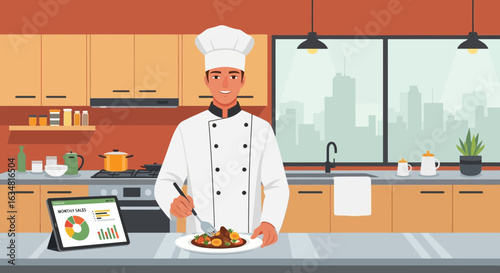 Chef Garnishing Dish In Modern Kitchen Displaying Sales On Tablet