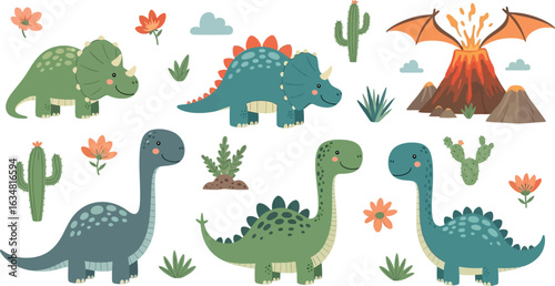 Delightful Dinosaur Adventure Cute Prehistoric Friends Amidst Volcanic Landscapes and Botanical Elements for Children's Decor