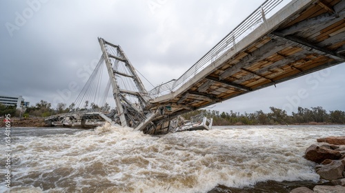 Partially collapsed suspension bridge with twisted roadway hanging over raging muddy river, low angle view highlighting structural failure and rushing water