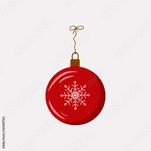 Bright red Christmas tree ball with a white snowflake design, suspended on a golden thread. For Christmas themes, sweet designs, packaging and holiday cards. Vector illustration