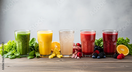 Colorful array of healthy smoothies crafted with vibrant fruits and vegetables for a detoxifying