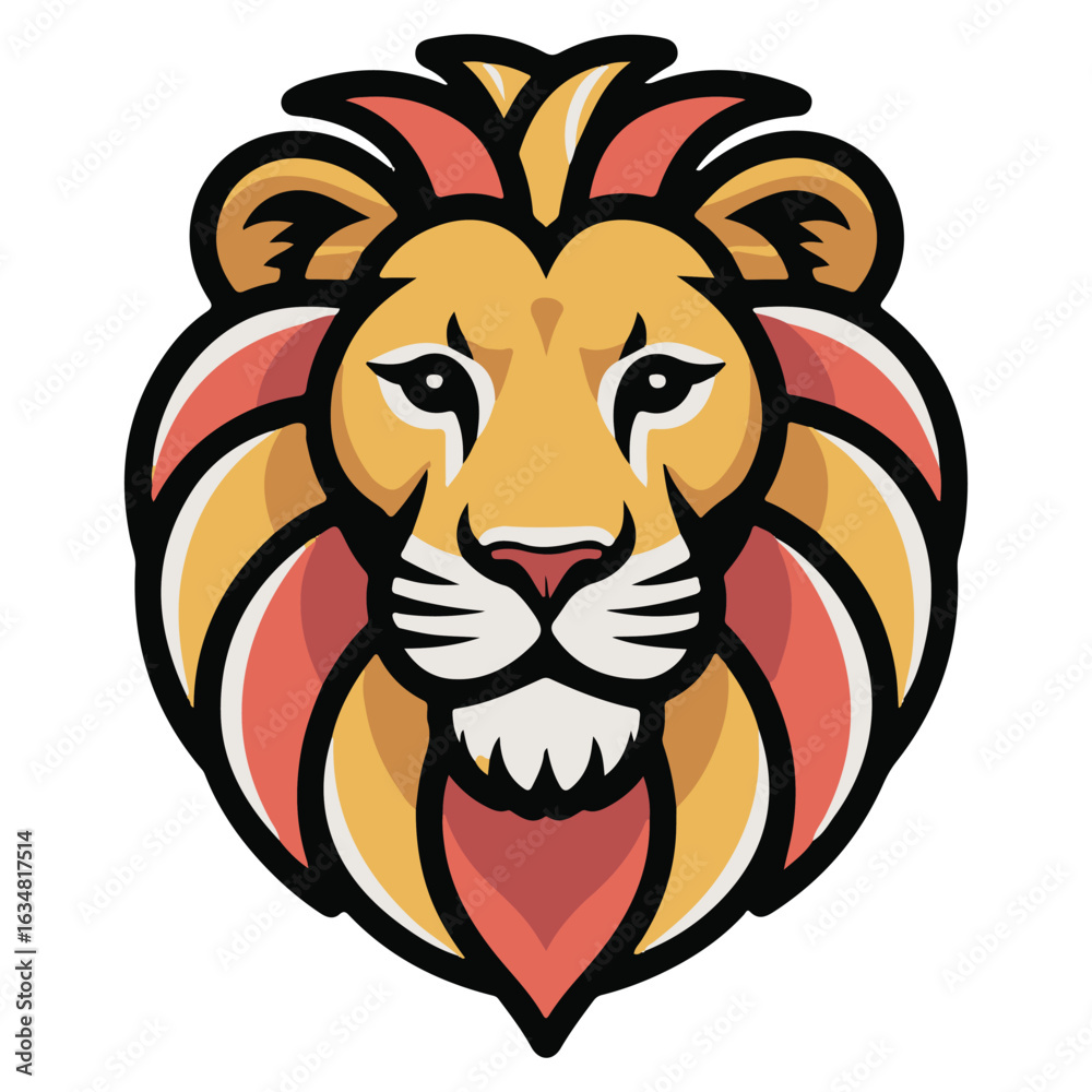 Obraz premium Stylized illustration of a majestic lion head with a vibrant mane in warm tones conveying strength and royalty
