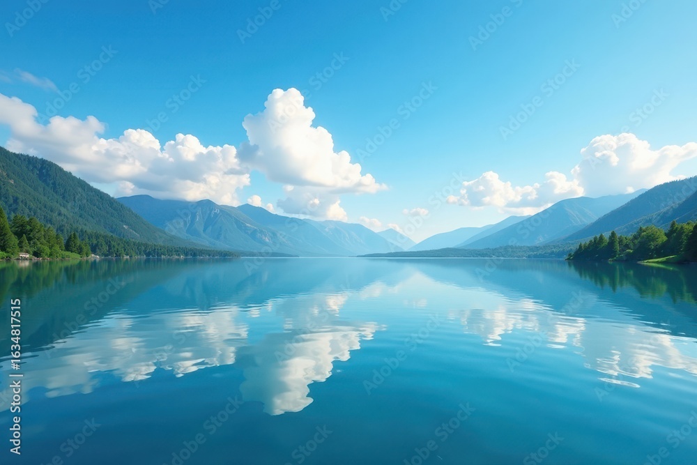 Naklejka premium Serene blue lake, tranquil surface reflecting sky, serenity, horizon