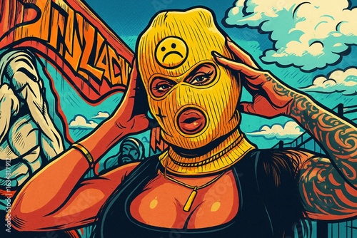 Tattooed woman in yellow ski mask with sad face, posing in a bold urban graffiti setting.

