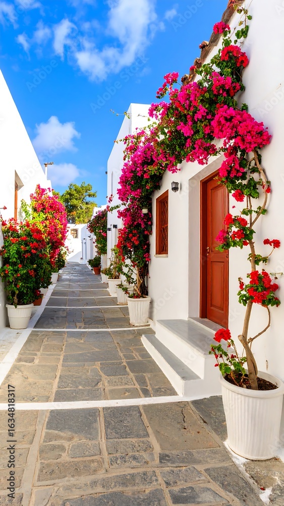 Naklejka premium Narrow, sun-drenched alleyway lined with whitewashed buildings, vibrant bougainvillea overflowing from pots and climbing walls