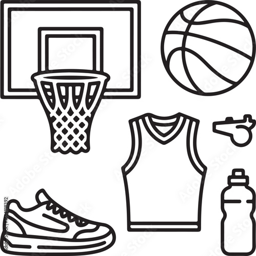 Basketball Essentials Outline Icon Set – Ball, Hoop, Court, Shoes, Jersey, and Whistle