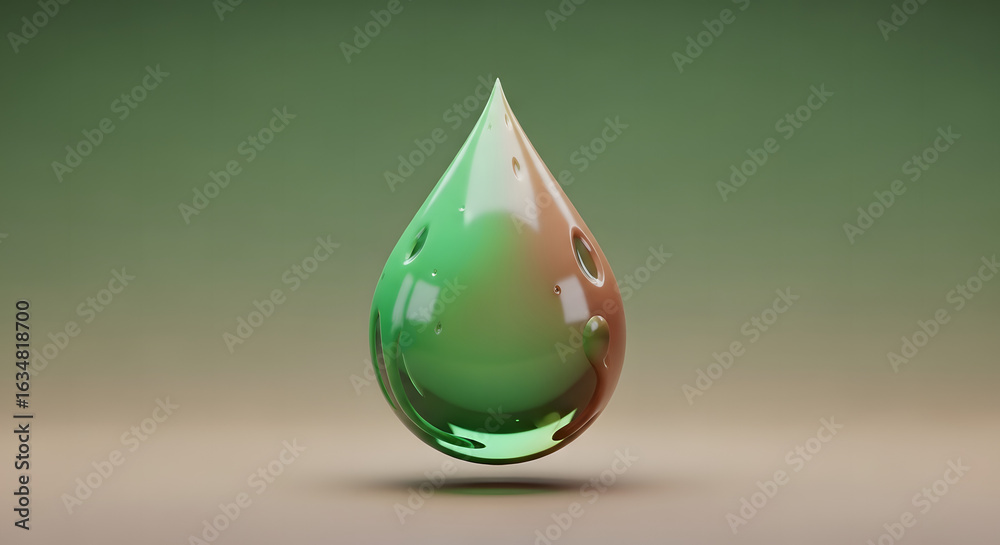 Fototapeta premium A glossy, green 3D droplet with reddish reflections and indentations hovers over a surface.
