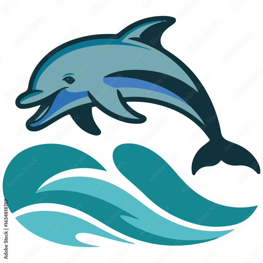 Fototapeta premium A playful cartoon dolphin leaps joyfully through stylized turquoise ocean waves in a vibrant graphic illustration