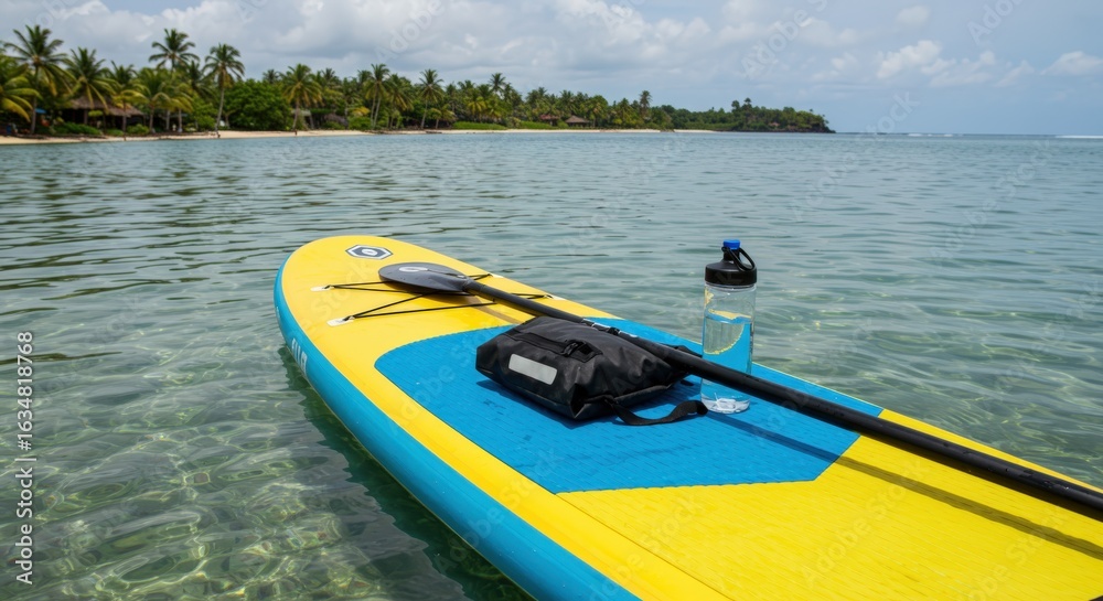 Fototapeta premium Stand up paddleboarding in clear ocean water near a tropical shoreline