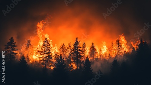 Forest fire engulfs trees in orange flames.
