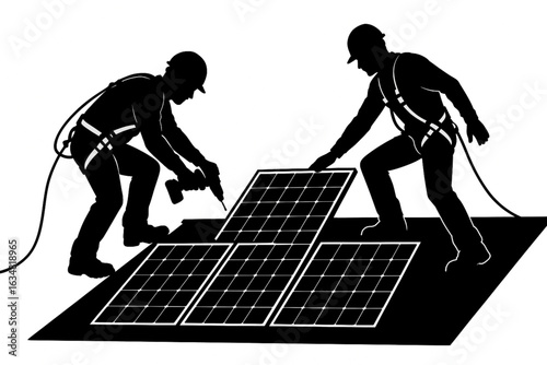 Rooftop Solar Panel Installers Silhouettes with Safety Harness Vector Set