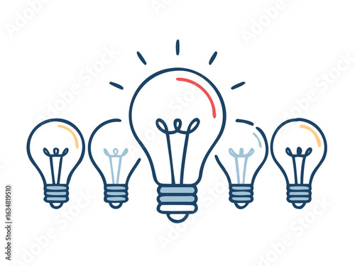 Big ideas. Illuminated light bulb among the rest of the unlit bulbs.
