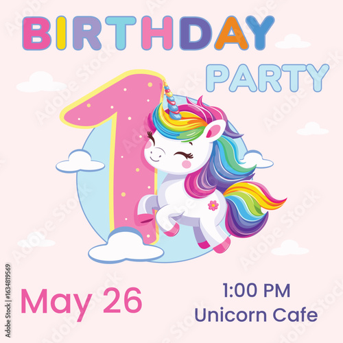 Birthday party invitation template with cute unicorn and number 1. Vector illustration in flat cartoon style