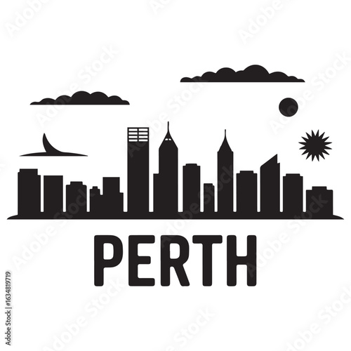 Perth skyline horizontal banner. Perth, Australia. Vector template for your design. Vector black silhouette. with white background