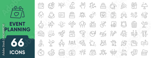 Event planning line icon set. A collection of 66 thin outline icons representing event organization, scheduling, decoration, invitations, and management. Editable stroke. Vector illustration.