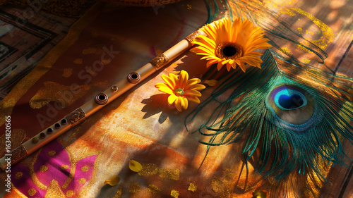 Divine arrangement of Krishna's flute, detailed peacock feather, and radiant pradip on rangoli floor, festive Indian celebration, peaceful aura, spiritual symbolism, happy janmashtami, 4k image