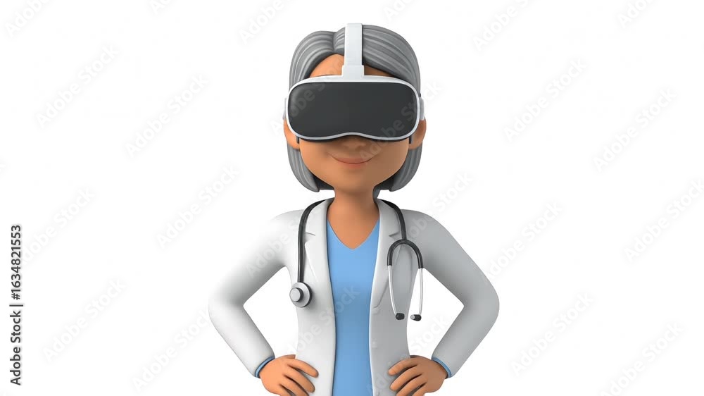 Cute 3D animation. Cheerful mature doctor in a white coat and VR glasses, posing and smiling, isolated on a white background. Cute 3D animation. Cheerful mature doctor in a white coat and VR glasses, posing and smiling, isolated on a white background.