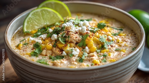 Creamy Mexican street corn soup garnished with roasted corn kernels, crumbled cheese, chopped cilantro and a lime wedge in a rustic ceramic bowl