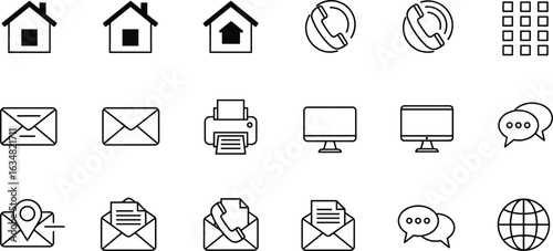 Minimal contact icon set, vector communication symbols, black line web icons for interface, email, phone, address, website and messaging
