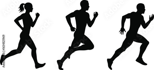 Silhouette of man and woman running, sprinting athletic figures, fitness and sport concept vector illustration isolated on white background