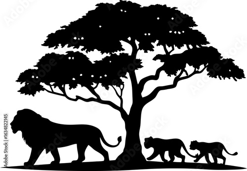 Lion and Cubs under an Acacia Tree Silhouette - African Safari Scene

