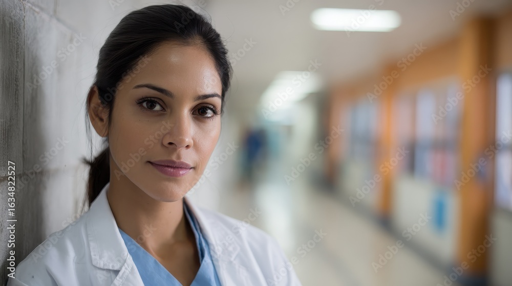 Naklejka premium latin woman doctor portrait in a mexican hospital in mexico or latin america no logos no brands ar 169