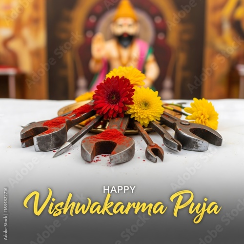 Vishwakarma Puja with tools flowers and red powder Indian festival wrenches