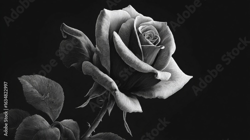 Striking black-and-white close-up photograph of a fully bloomed rose isolated against a dark background, highlighting delicate petals and natural curves