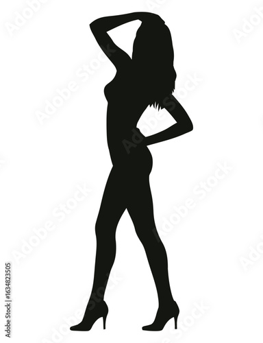 Confident female silhouette illustration with hand on head and hip pose, wearing high heels, symbolizing empowerment and bold elegance
