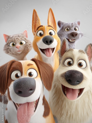 Cheerful group of cartoon pets including a playful brown-and-white dog and several mischievous cats, posing together with big expressive eyes and friendly smiles on a white background.