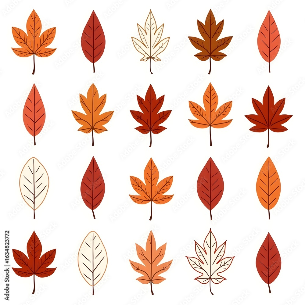 Fototapeta premium A set of stylized autumn leaves of various shapes and shades. It's a wonderful collection that creates a feeling of autumn mood.