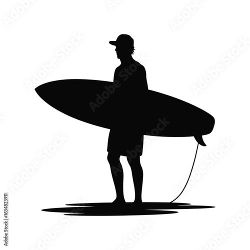 Surfer with surfboard standing silhouette for tropical travel theme vector isolated black and white