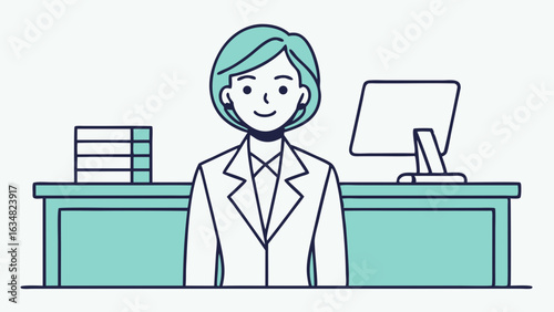 Vector illustration of a friendly receptionist at a modern office desk for corporate and hospitality settings
