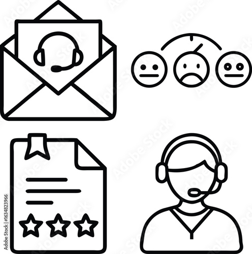 A collection of four line art icons representing customer service, satisfaction, feedback, and support.