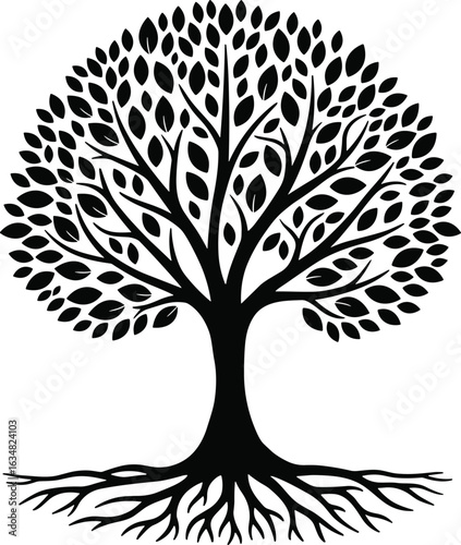 Round tree with roots silhouette, black vector botanical tree, natural forest element, decorative foliage and root shape clipart