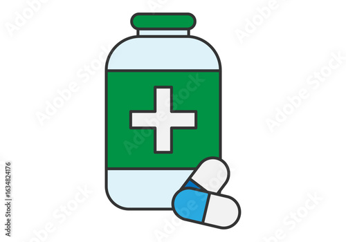 Bote de comprimidos de medicamento en fondo blanco