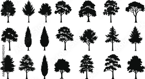 Vector tree silhouette bundle, forest landscape clipart, deciduous and evergreen trees, black isolated nature icons set