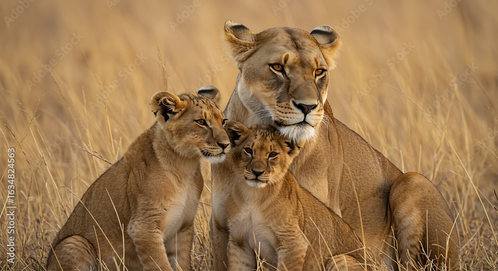 Fototapeta premium Lioness with two cubs in a grassy field during golden hour
