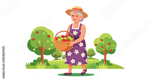 Happy senior woman carrying a wicker basket full of freshly picked apples in a summer orchard. Elderly lady enjoying the fruit harvest.