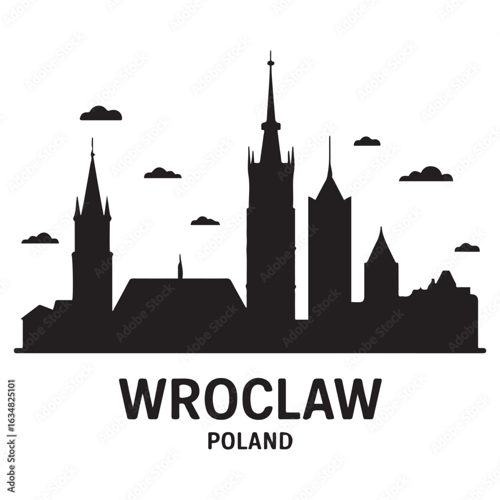 Naklejka premium Wroclaw skyline horizontal banner. Wroclaw, Poland. Vector template for your design. Vector Black Silhouette. With Inspirational Background