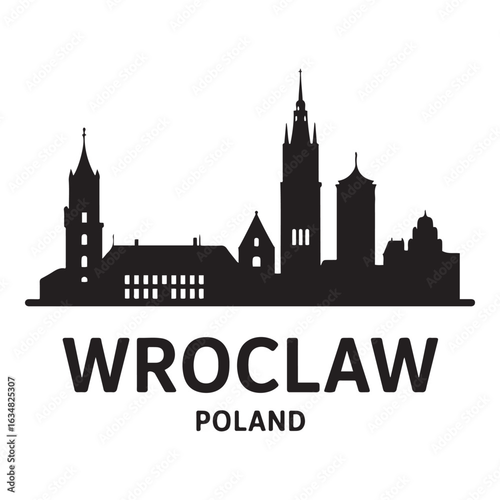 Obraz premium Wroclaw skyline horizontal banner. Wroclaw, Poland. Vector template for your design. Vector Black Silhouette. With Inspirational Background