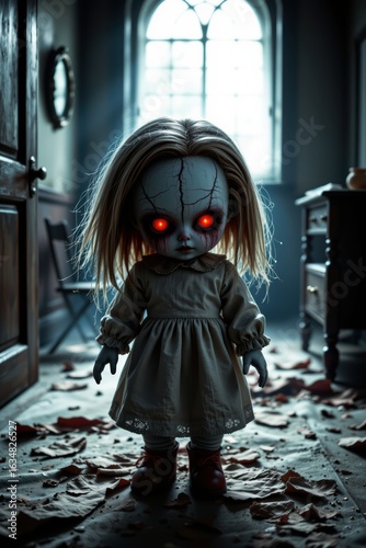 Creepy Cracked Porcelain Doll in Dark Room Setting